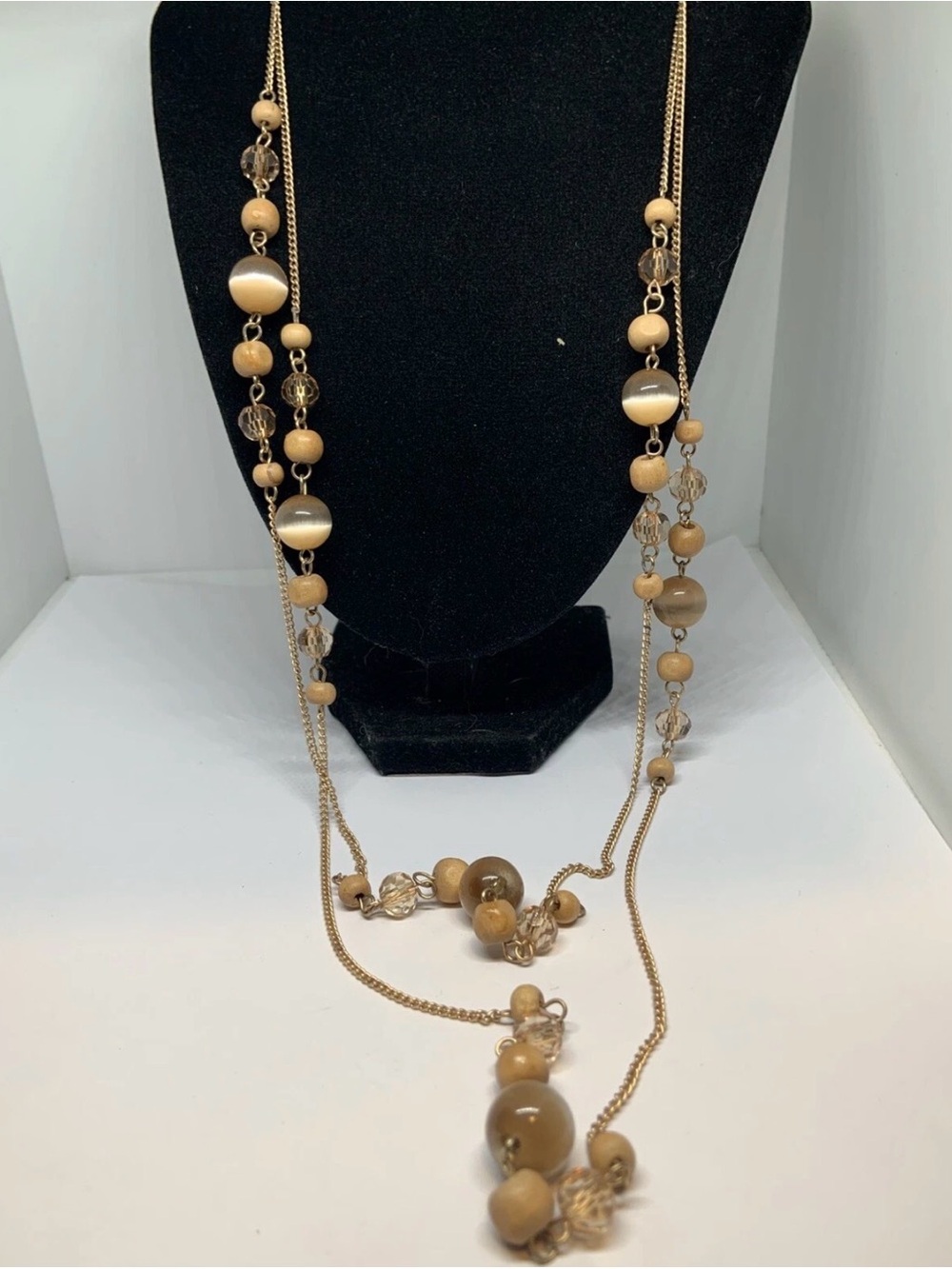 Glass Cat’s Eye Faceted Acrylic Statement Necklace Gold Tone 60”